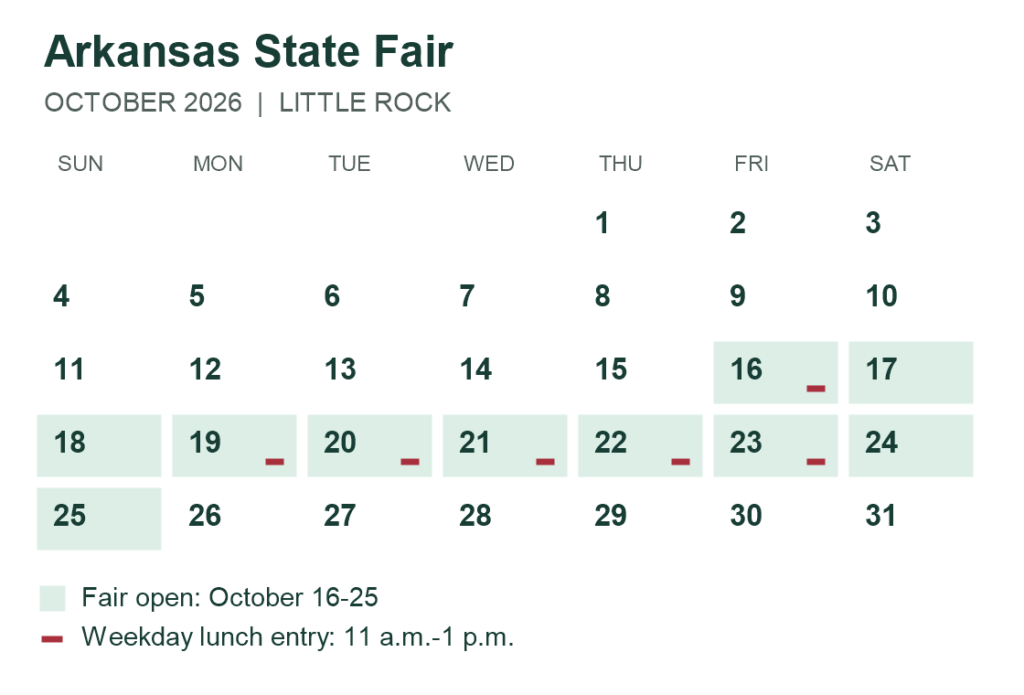 October 2026 calendar highlighting fair dates October 16 through 25, with weekday lunch entry on October 16 and 19 through 23