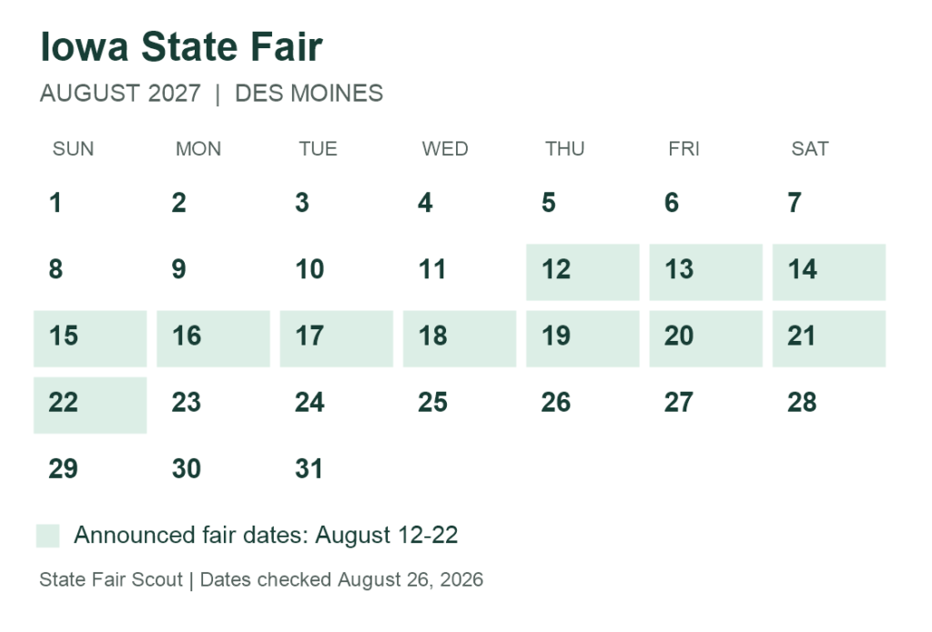 August 2027 calendar highlighting the Iowa State Fair dates, Thursday August 12 through Sunday August 22