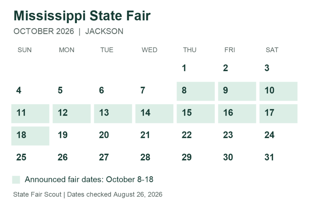 October 2026 calendar highlighting Mississippi State Fair dates October 8 through 18