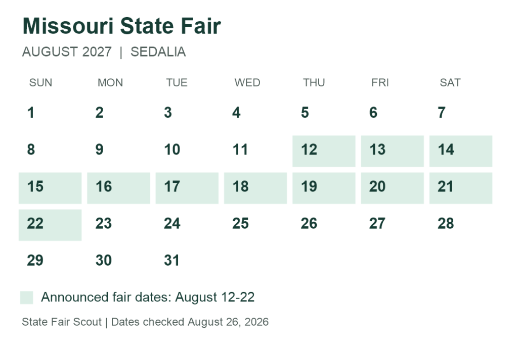 August 2027 calendar highlighting Missouri State Fair dates August 12 through 22
