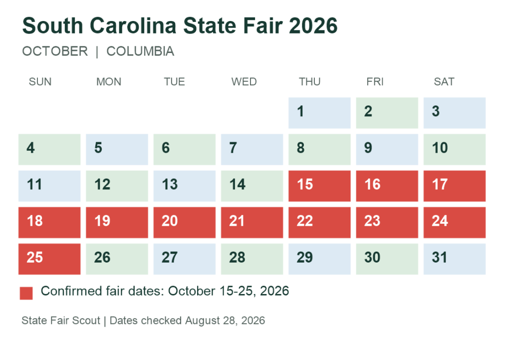 South Carolina fair calendar highlighting October 15 through 25, 2026 in Columbia