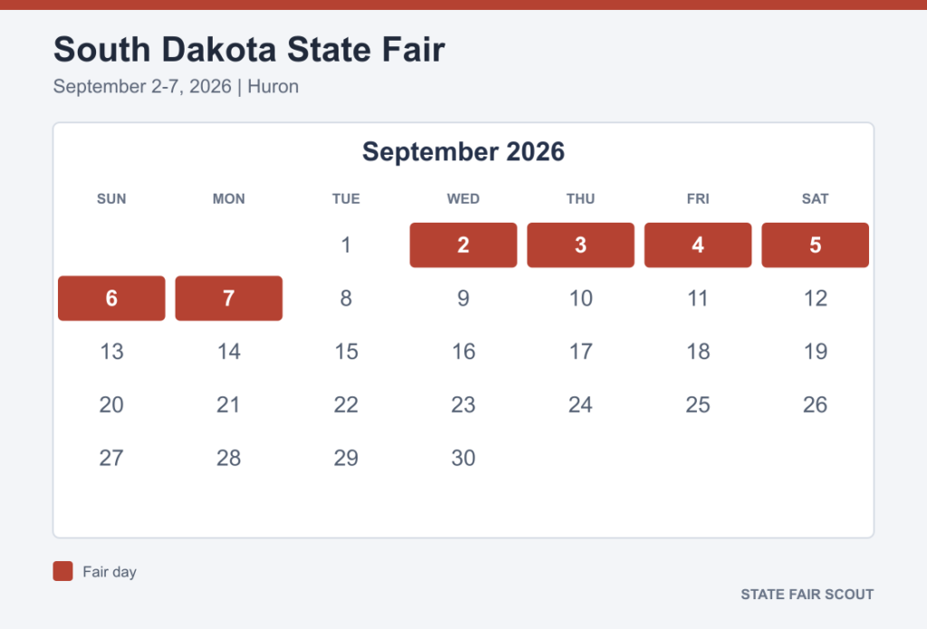 September 2026 calendar highlighting South Dakota State Fair dates September 2 through 7 in Huron