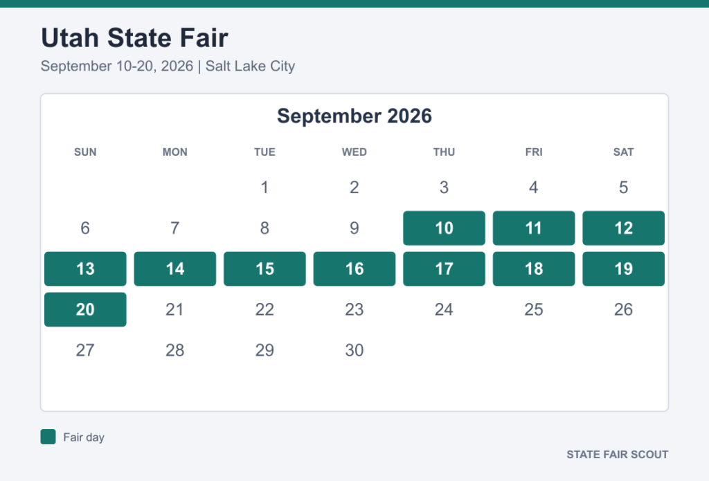 September 2026 calendar highlighting Utah State Fair dates September 10 through 20 in Salt Lake City
