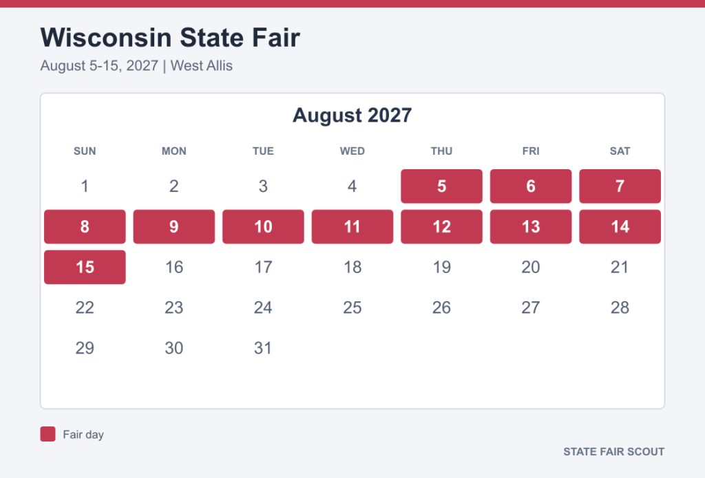 August 2027 calendar highlighting Wisconsin State Fair dates August 5 through 15 in West Allis